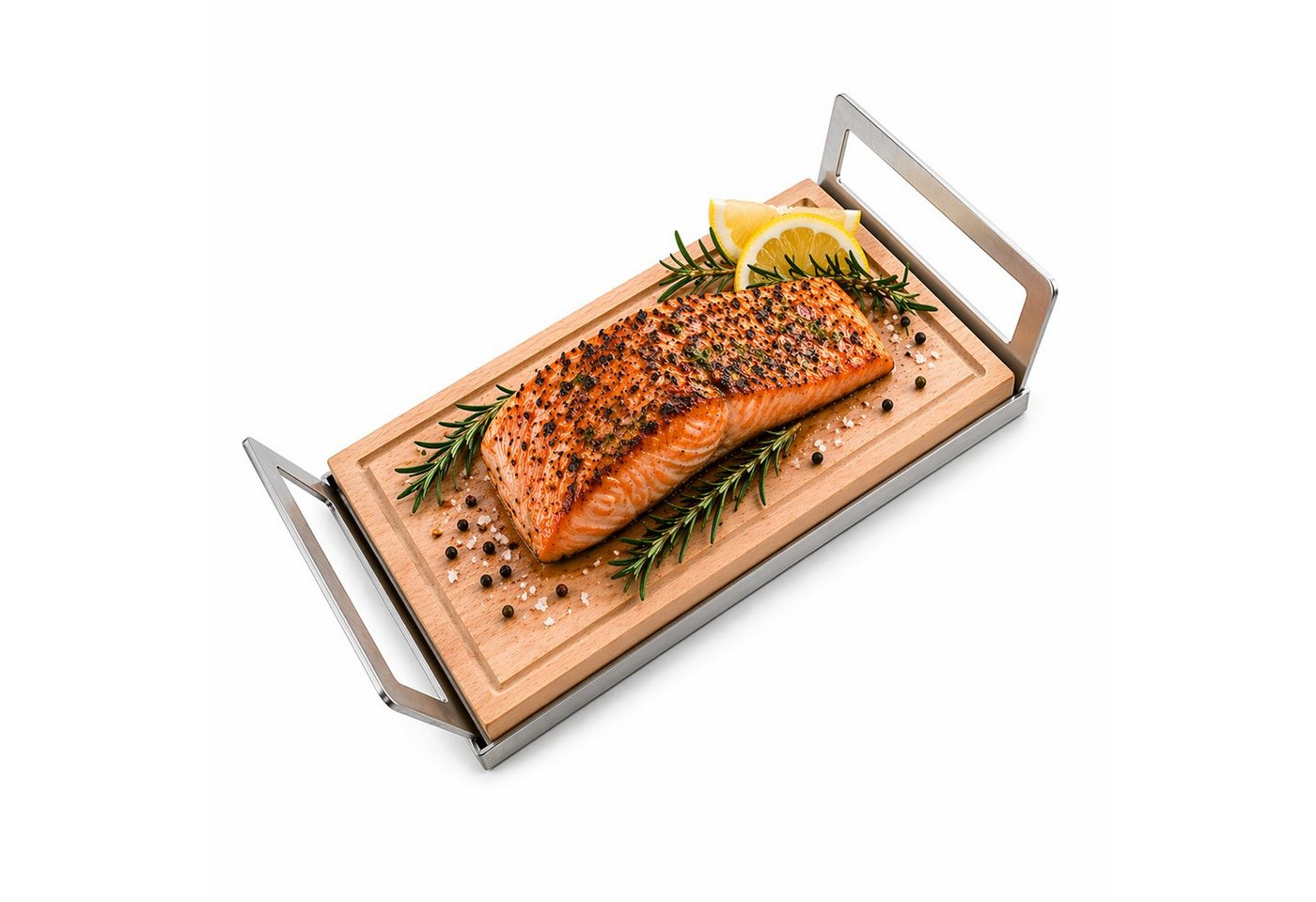 Schilling Fischgrilltechnik Grillguthalter Griffschale mit Grillbrett Buche kompakt für Fischfilet, Edelstahl & Buche, (Komplettset, Griffschale aus Edelstahl mit Grillbrett aus Buche + Anleitung), Grillbrett aus deutscher Buche. Edelstahl Laserschnitt-Grillschale Bild 2