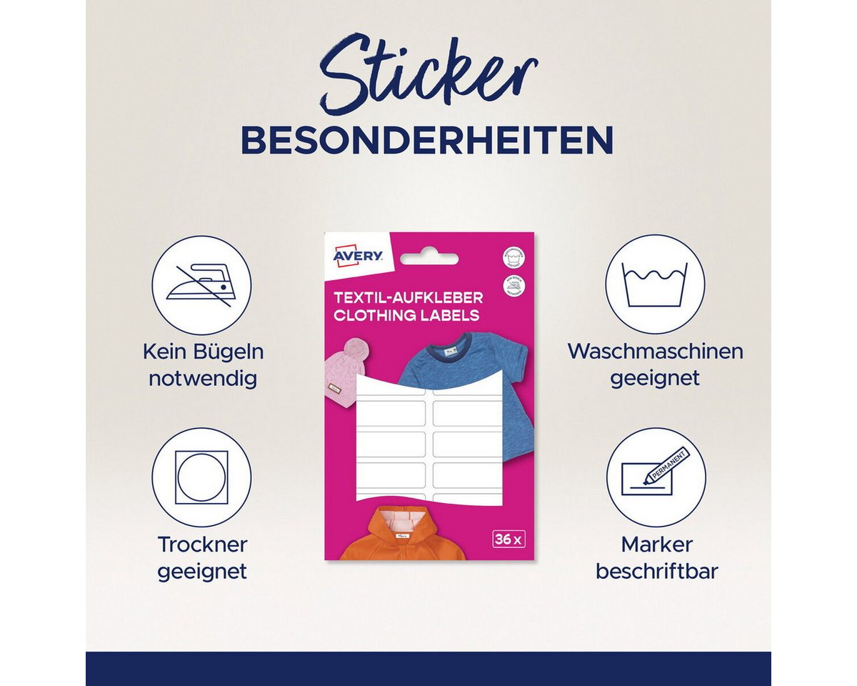 Avery Zweckform Etiketten Textilaufkleber 45x13mm 36 Stück Motiv weiß Bild 4