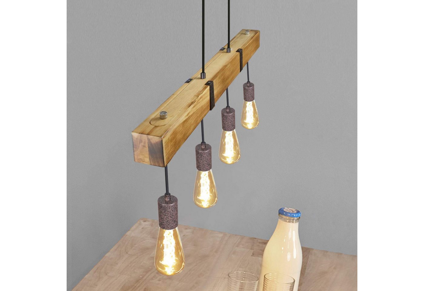 ZMH Pendelleuchte Vintage Holz Retro Hängeleuchte mit 80CM Holzbalken Esszimmer, Nicht Dimmbar, ohne Leuchtmittel, 3000k, 4 x E27 max. 25 Watt Hängelampe für Küche Wohnzimmer