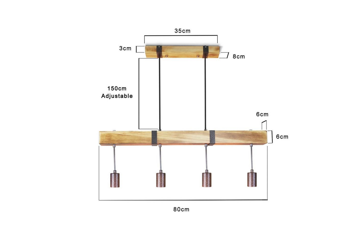 ZMH Pendelleuchte Vintage Holz Retro Hängeleuchte mit 80CM Holzbalken Esszimmer, Nicht Dimmbar, ohne Leuchtmittel, 3000k, 4 x E27 max. 25 Watt Hängelampe für Küche Wohnzimmer Bild 2