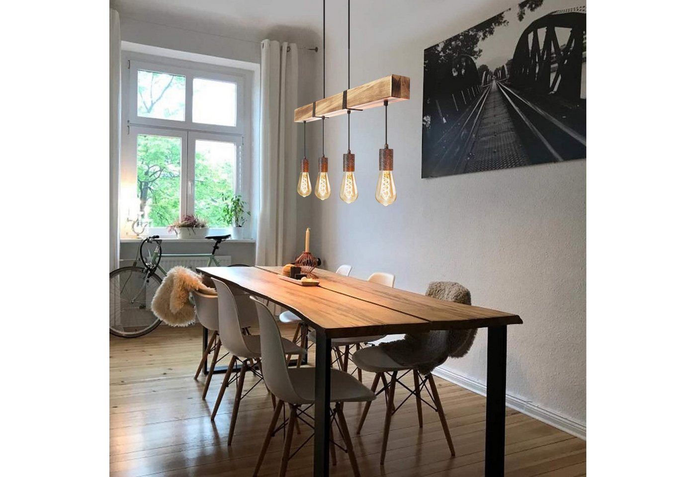 ZMH Pendelleuchte Vintage Holz Retro Hängeleuchte mit 80CM Holzbalken Esszimmer, Nicht Dimmbar, ohne Leuchtmittel, 3000k, 4 x E27 max. 25 Watt Hängelampe für Küche Wohnzimmer Bild 4