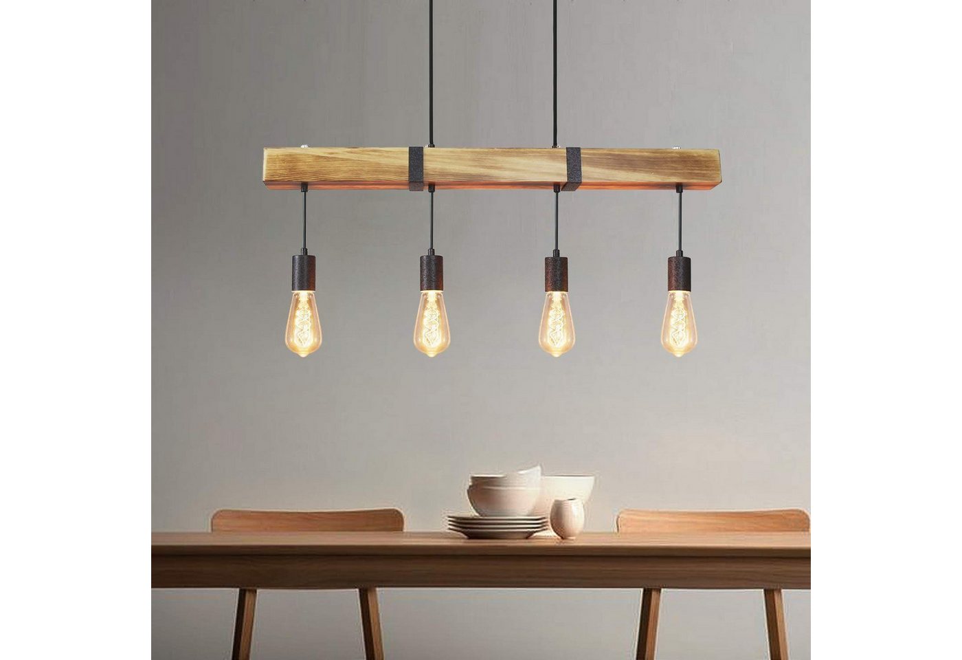 ZMH Pendelleuchte Vintage Holz Retro Hängeleuchte mit 80CM Holzbalken Esszimmer, Nicht Dimmbar, ohne Leuchtmittel, 3000k, 4 x E27 max. 25 Watt Hängelampe für Küche Wohnzimmer Bild 5