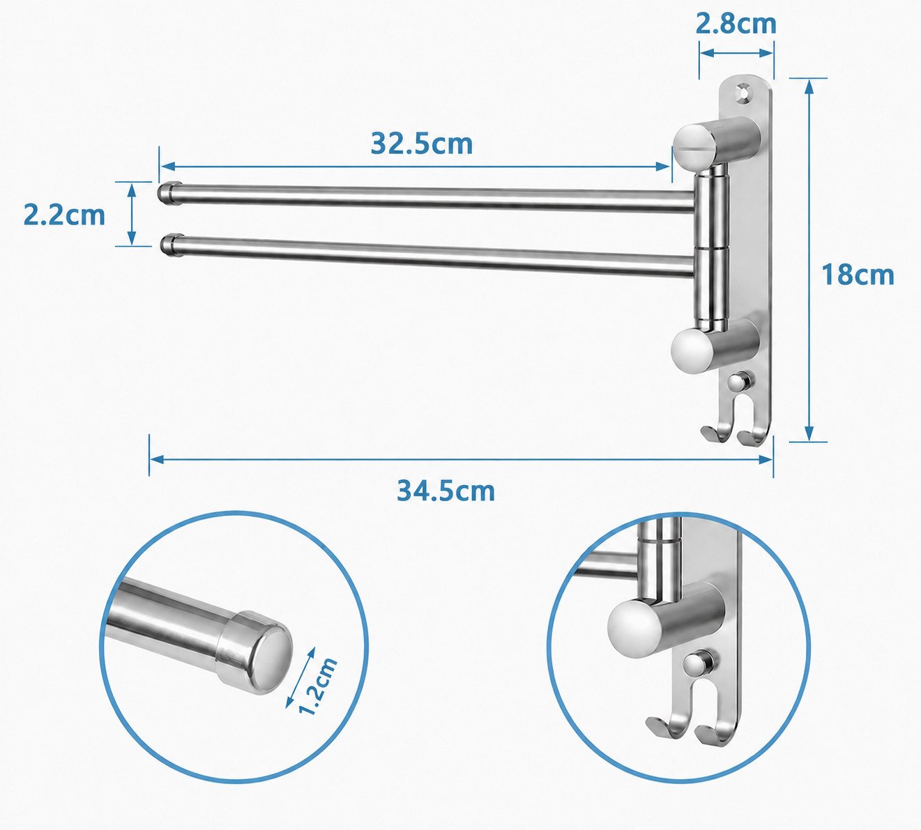 Forrlite Handtuchhalter Handtuchhalter Wand 180° drehbar, 2-armig schwenkbar, Handtuchstange mit Haken, platzsparend für Bad und Küche