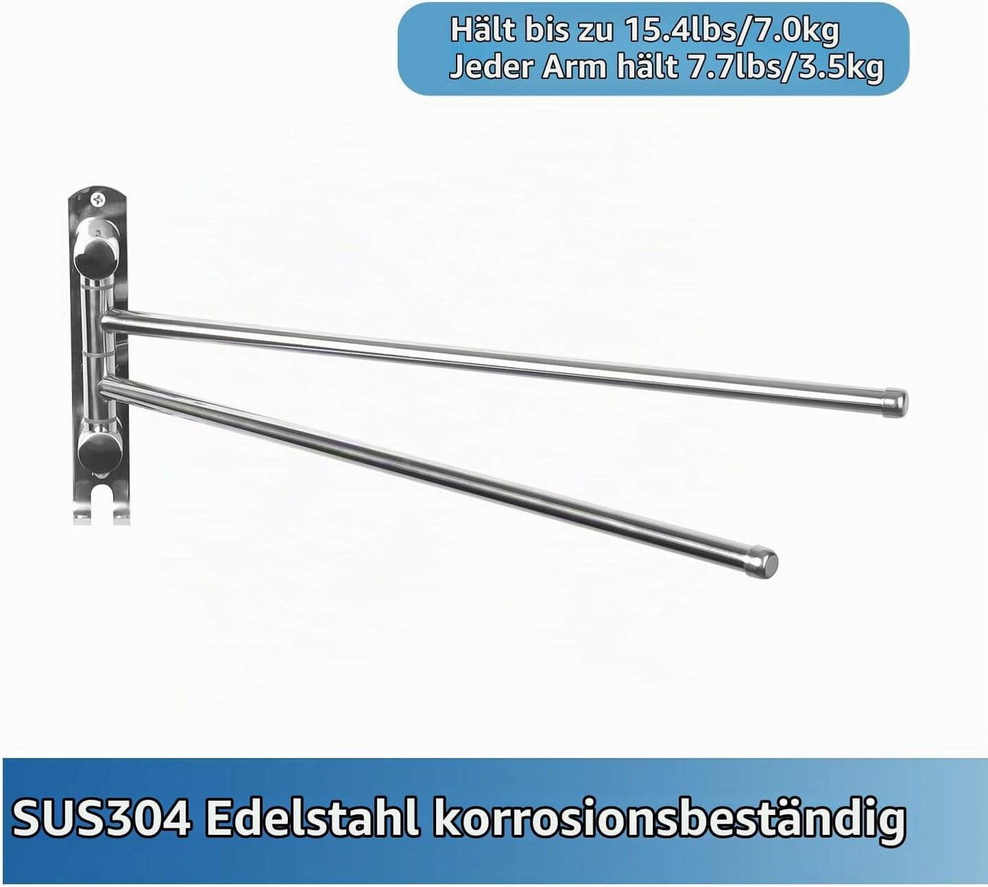 Forrlite Handtuchhalter Handtuchhalter Wand 180° drehbar, 2-armig schwenkbar, Handtuchstange mit Haken, platzsparend für Bad und Küche Bild 3