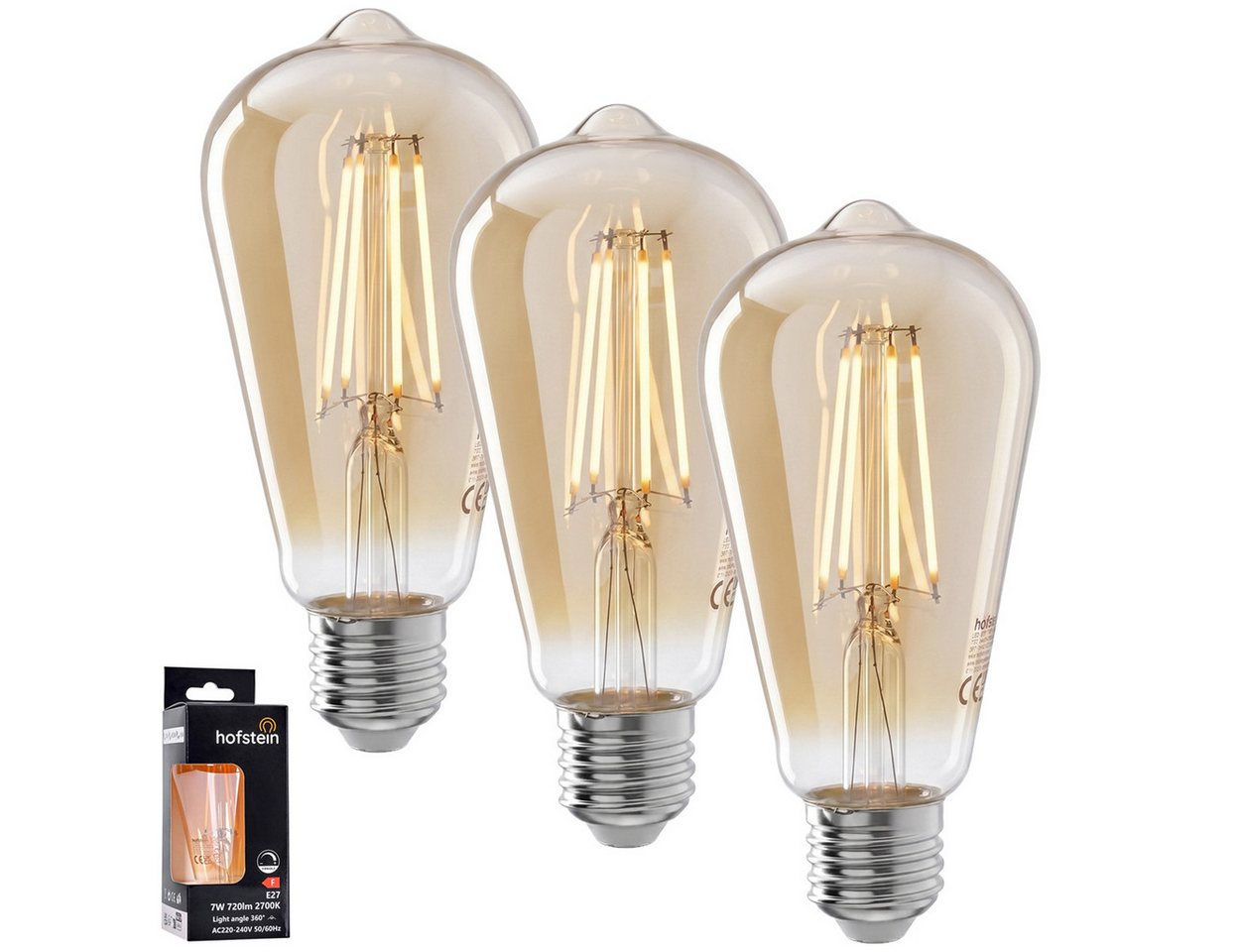 hofstein LED-Leuchtmittel 3er Set Glühbirne Warmweiß dimmbar 7 Watt, E27, 2700 Kelvin, 720 Lumen, Edison Vintage, Filament, Amber