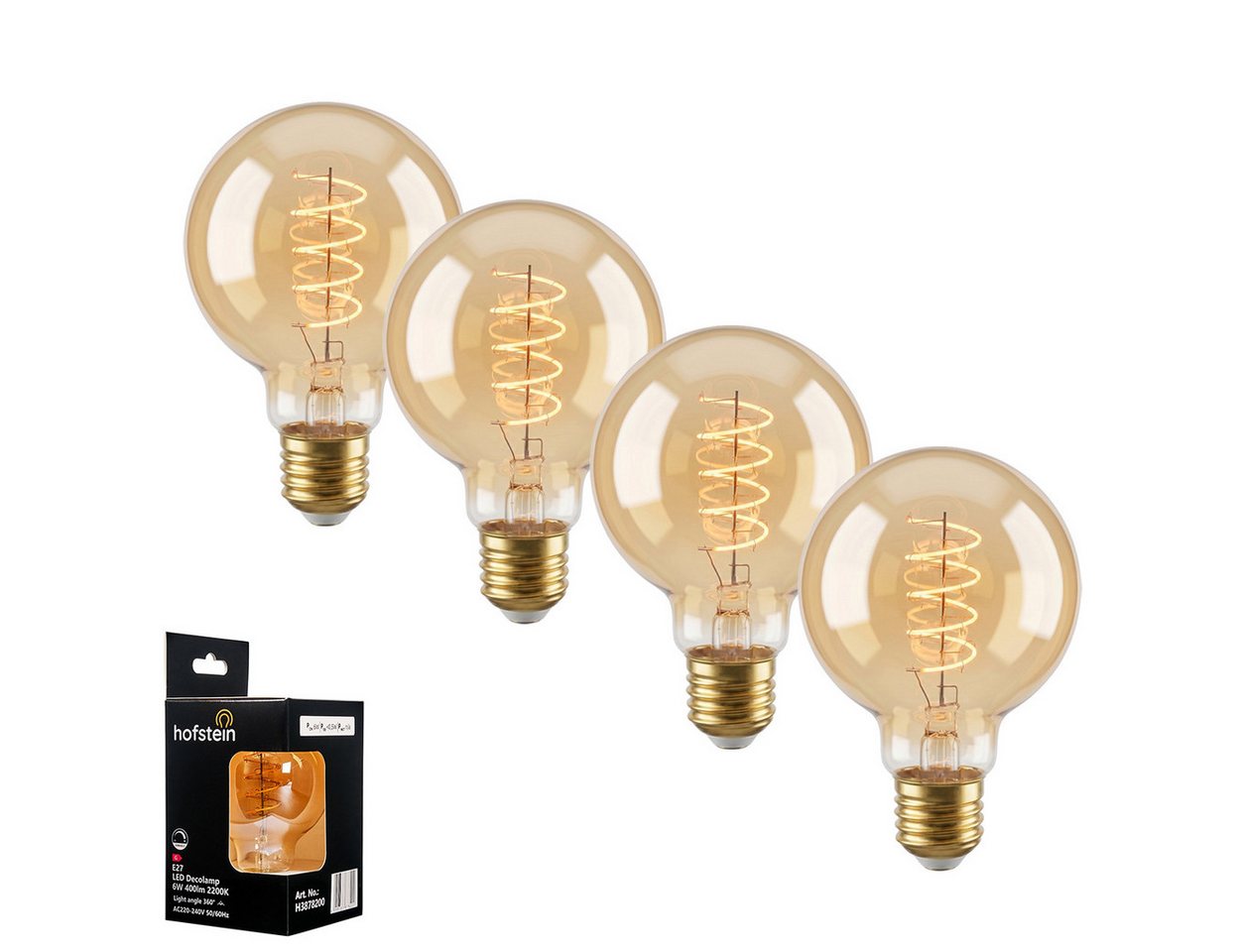hofstein LED-Leuchtmittel 4er Set Glühbirne Extra Warmweiß dimmbar 6 Watt, E27, 2200 Kelvin, 400 Lumen, Globe Vintage, Filament Spirale, Amber Bild 2