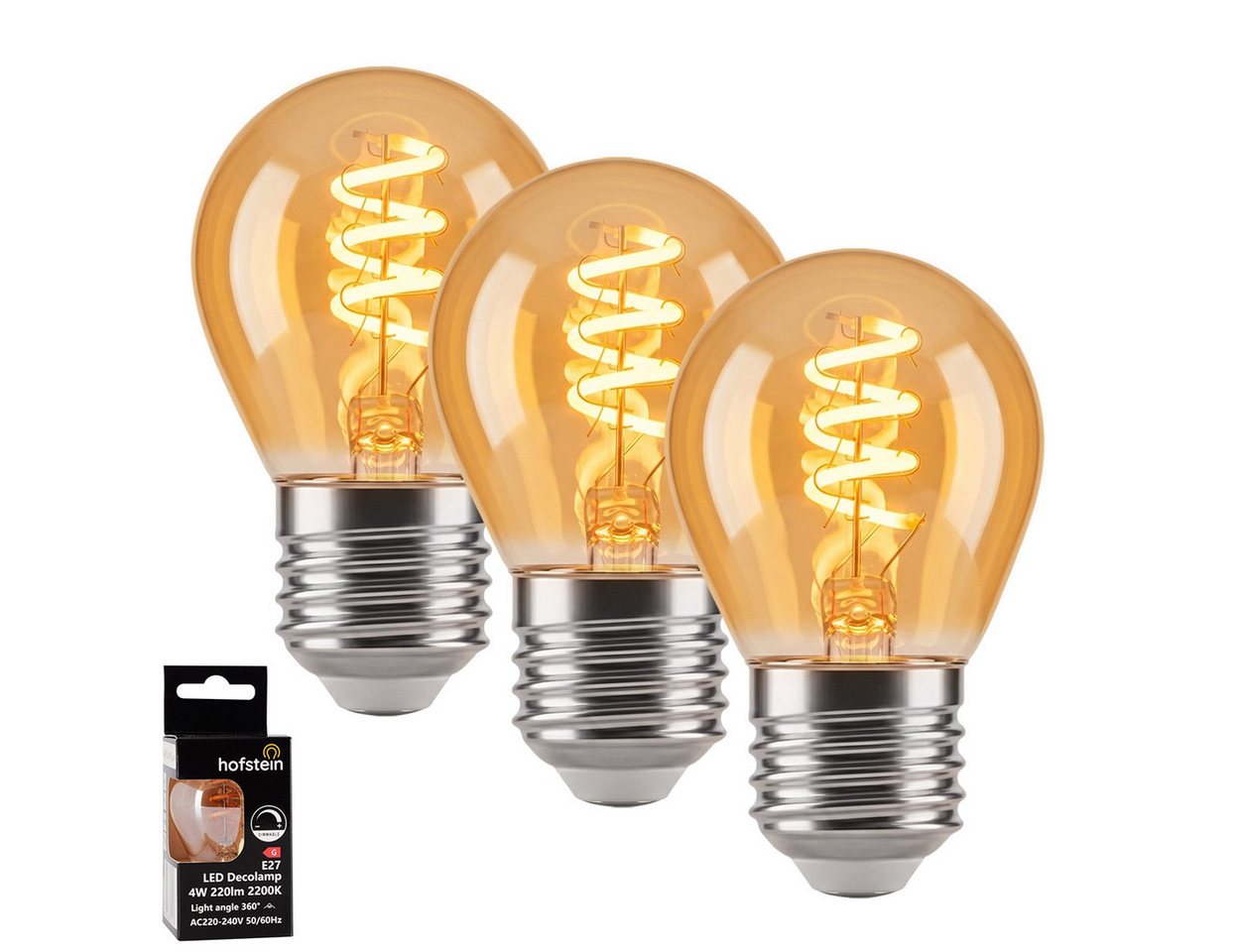 hofstein LED-Leuchtmittel 3er Set Glühbirne Extra Warmweiß dimmbar 4 Watt, E27, 2200 Kelvin, 220 Lumen, Kerze, Filament Spirale, Amber