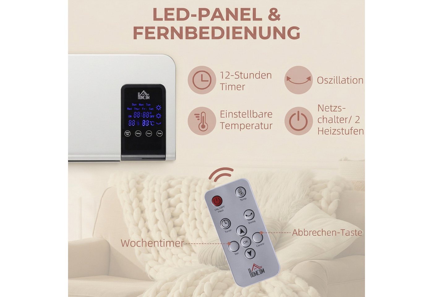 HOMCOM Heizlüfter Zur Wandmontage Keramik-Wandheizung mit Fernbedienung, 2 Heizmodi, 2000 W, für Wohnzimmer, Schlafzimmer, Weiß Bild 4