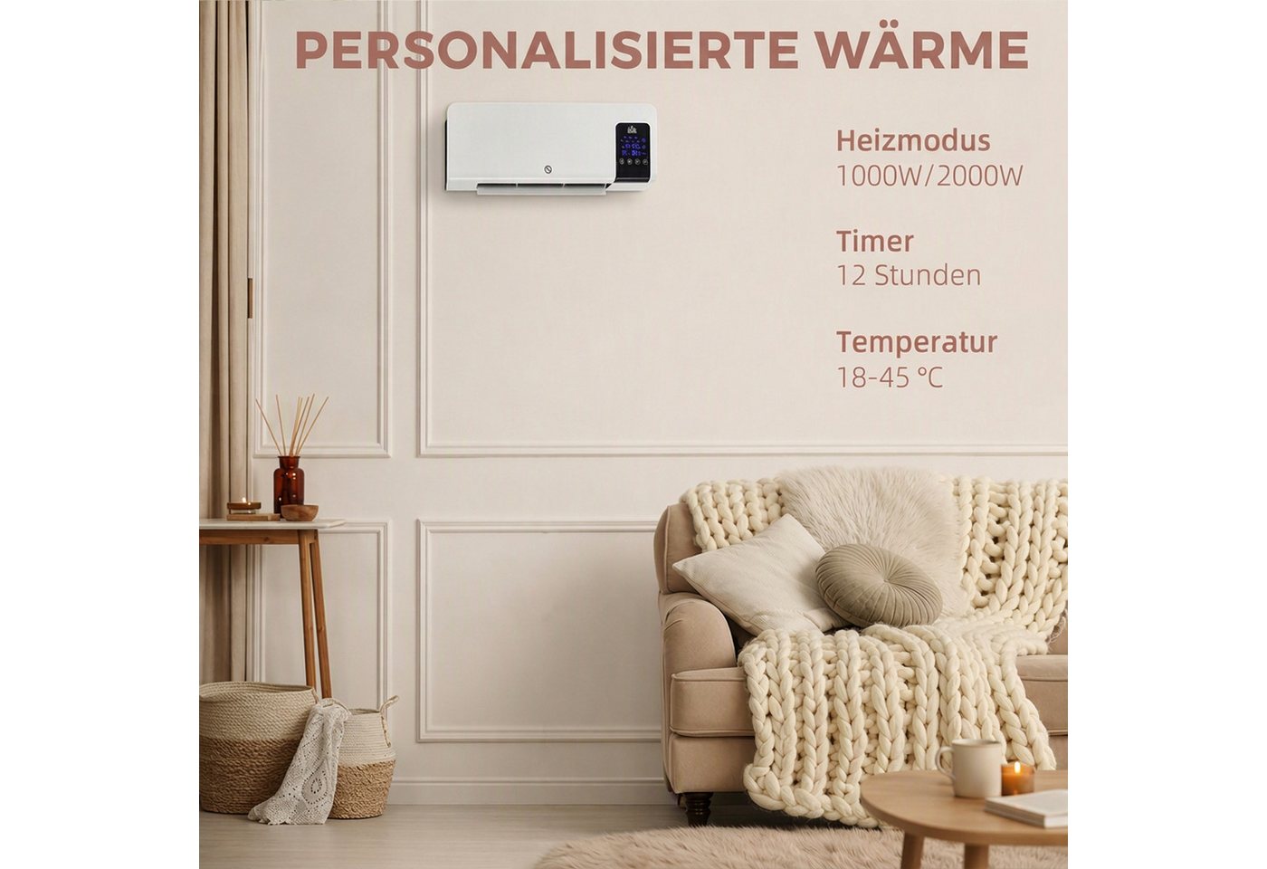 HOMCOM Heizlüfter Zur Wandmontage Keramik-Wandheizung mit Fernbedienung, 2 Heizmodi, 2000 W, für Wohnzimmer, Schlafzimmer, Weiß Bild 5