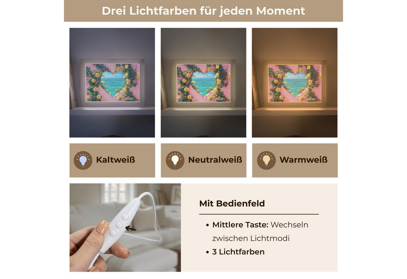 OnlyWow Wandleuchte Lightbox Herz - Meer - Wand, Dimmbar, Farbwechsel, LED, Warmweiß, Kaltweiß, Neutralweiß Einstellbar, Wandlampe Innen, Dimmbar, mit Kabel, LED, Modern, Flur Bild 5