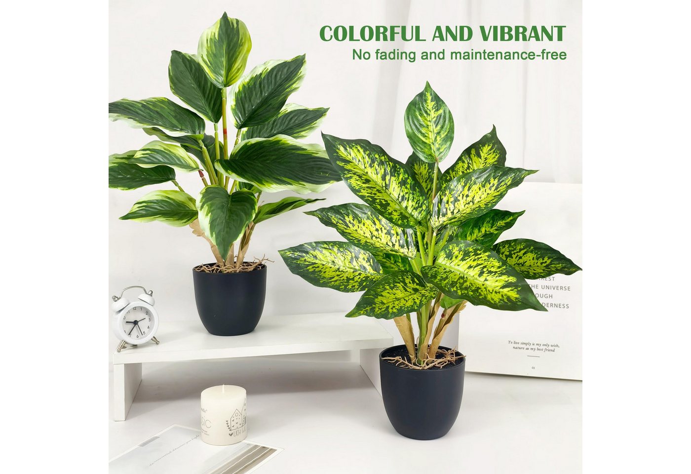 Kunstpflanze 2er-Set Künstliche Pflanzen im Topf – 37 cm Kunstpflanzen Dieffenbachia, SURFOU, Höhe 37 cm, Dieffenbachia mit je 14 Blättern, schwarzem Kunststofftopf
