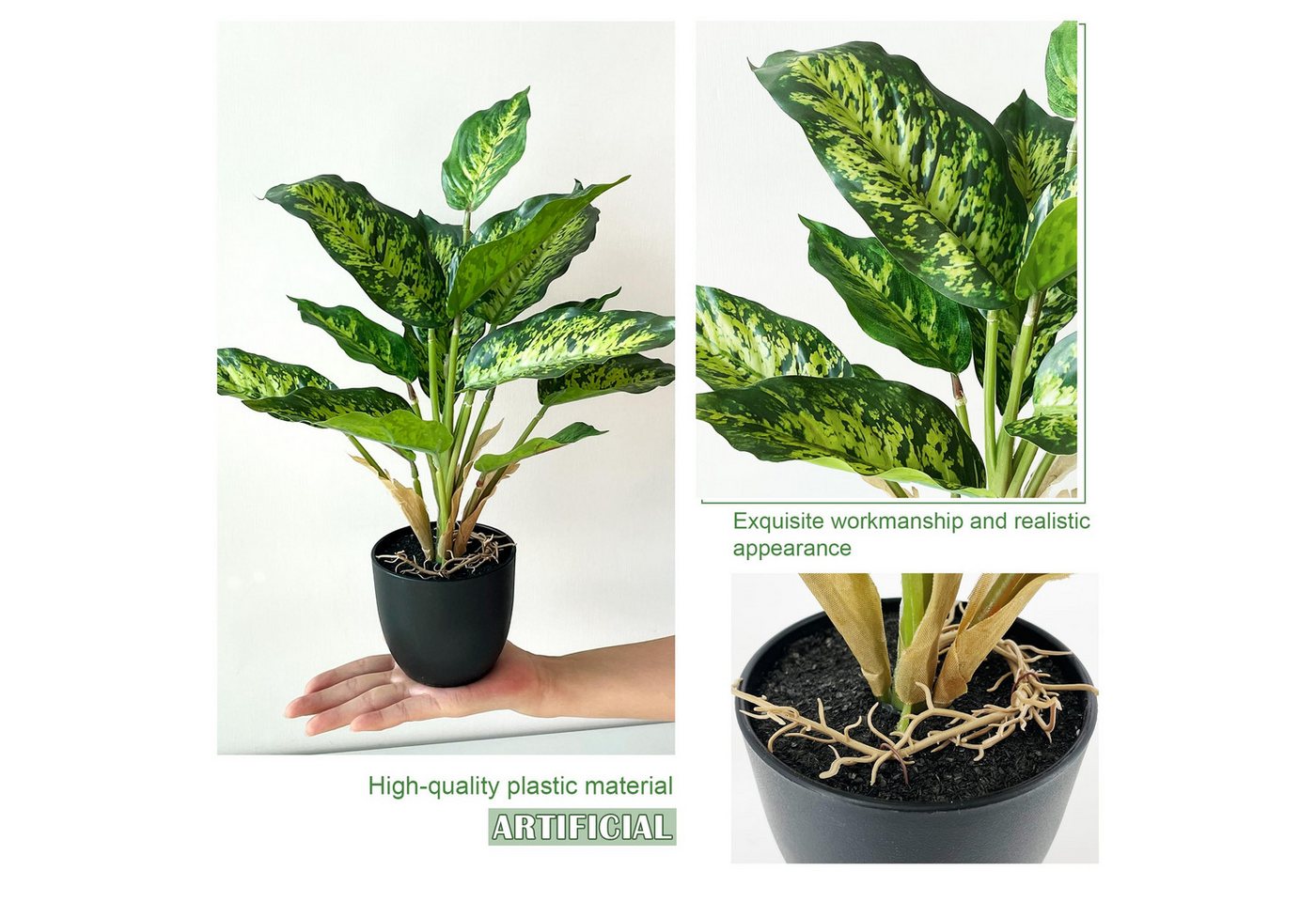 Kunstpflanze 2er-Set Künstliche Pflanzen im Topf – 37 cm Kunstpflanzen Dieffenbachia, SURFOU, Höhe 37 cm, Dieffenbachia mit je 14 Blättern, schwarzem Kunststofftopf Bild 3
