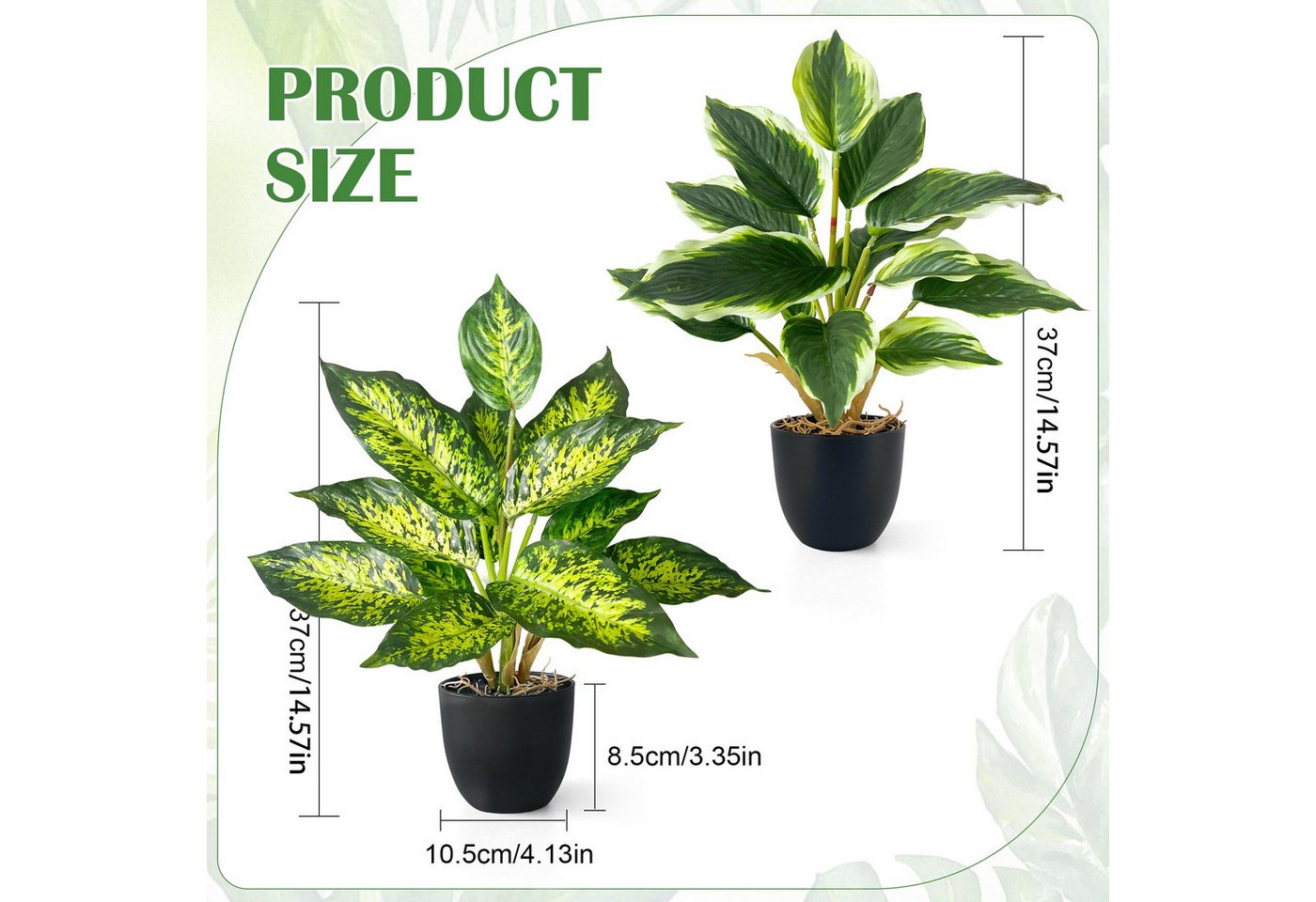 Kunstpflanze 2er-Set Künstliche Pflanzen im Topf – 37 cm Kunstpflanzen Dieffenbachia, SURFOU, Höhe 37 cm, Dieffenbachia mit je 14 Blättern, schwarzem Kunststofftopf Bild 4