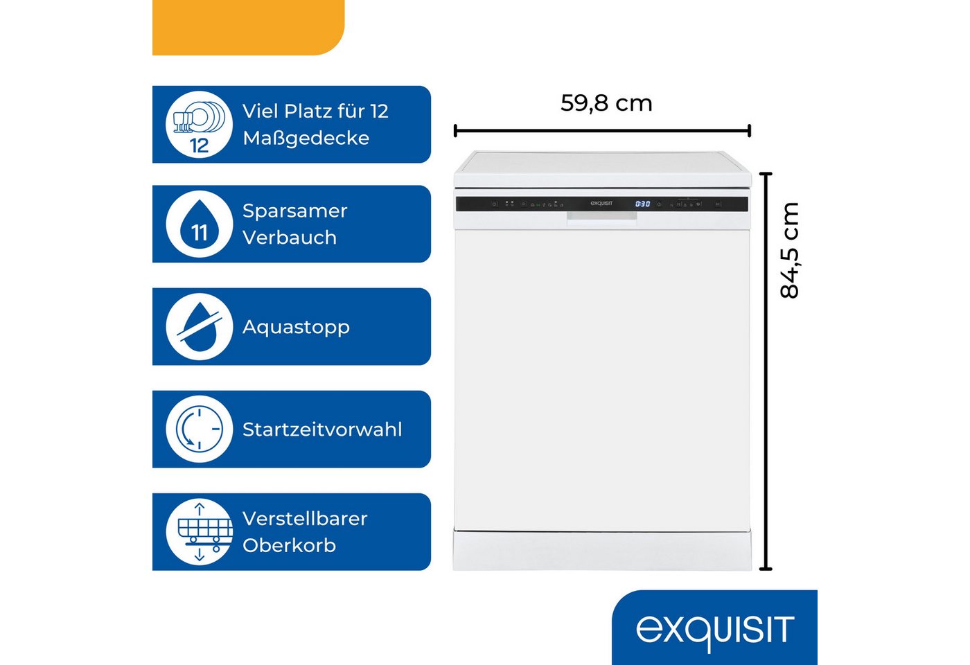 exquisit Standgeschirrspüler GSP6312-030C weiss, 9,8 l, 12 Maßgedecke, 12 Maßgedecke, 6 Programme, LED, Besteckkorb, Auto Door Open, AquaStop Bild 3