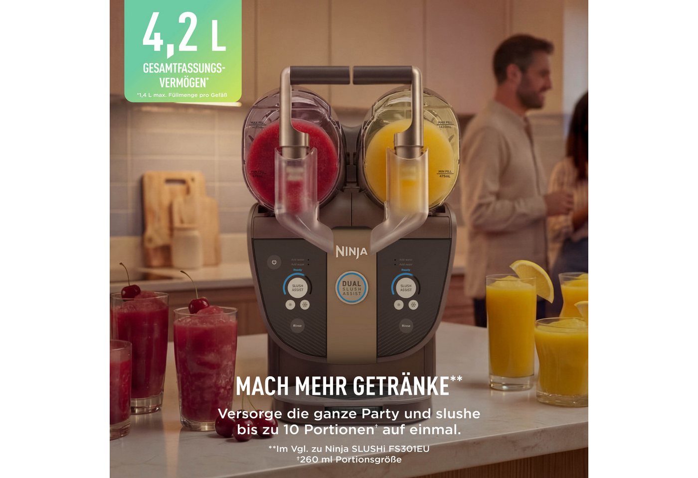 NINJA Slush-Eismaschine SLUSHi Twist, 2-in-1 SLUSHi Maschine, Dual-SlushAssist-Technologie, 1,42 l, 500 W, 2 Behälter für gleichzeitige Zubereitung von zwei Geschmacksrichtungen