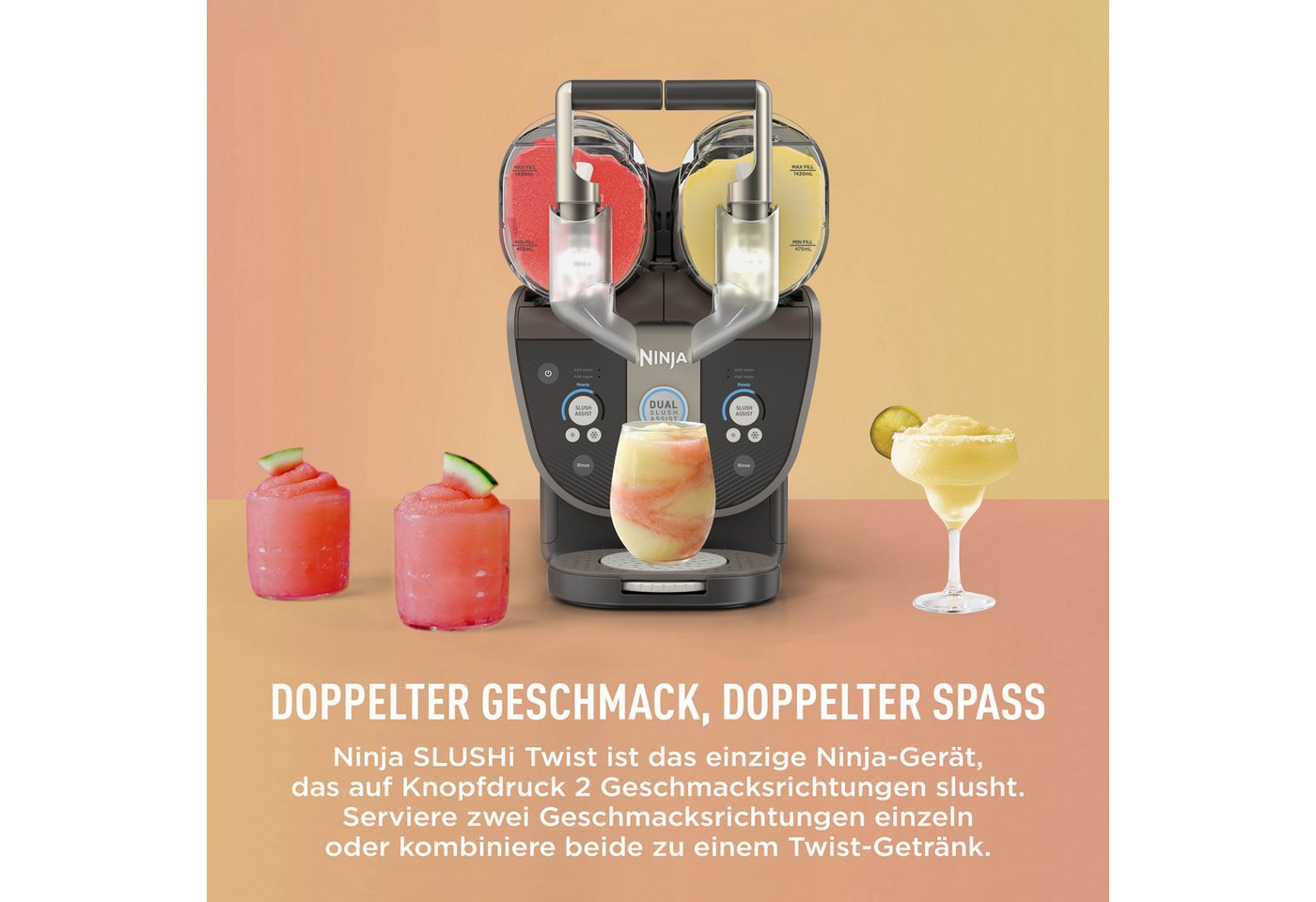 NINJA Slush-Eismaschine SLUSHi Twist, 2-in-1 SLUSHi Maschine, Dual-SlushAssist-Technologie, 1,42 l, 500 W, 2 Behälter für gleichzeitige Zubereitung von zwei Geschmacksrichtungen Bild 4