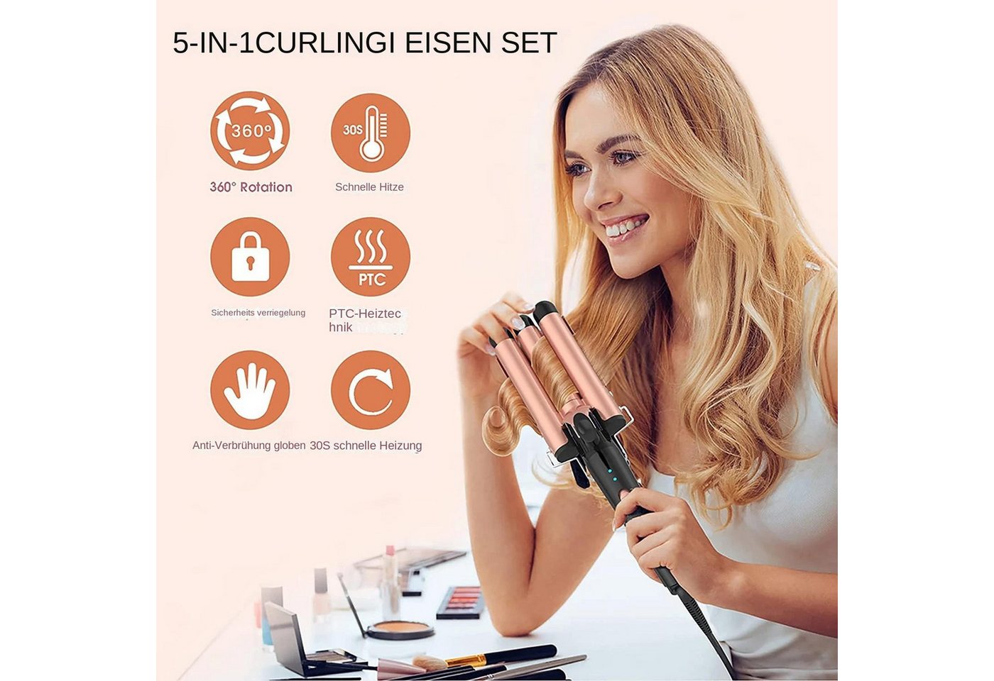 SeeCherish Lockenstab 5‑in‑1 Lockenstab‑Set mit wechselbaren Aufsätzen, Schnell aufheizender Haarstyler mit 3‑Ton‑Wellenwickler