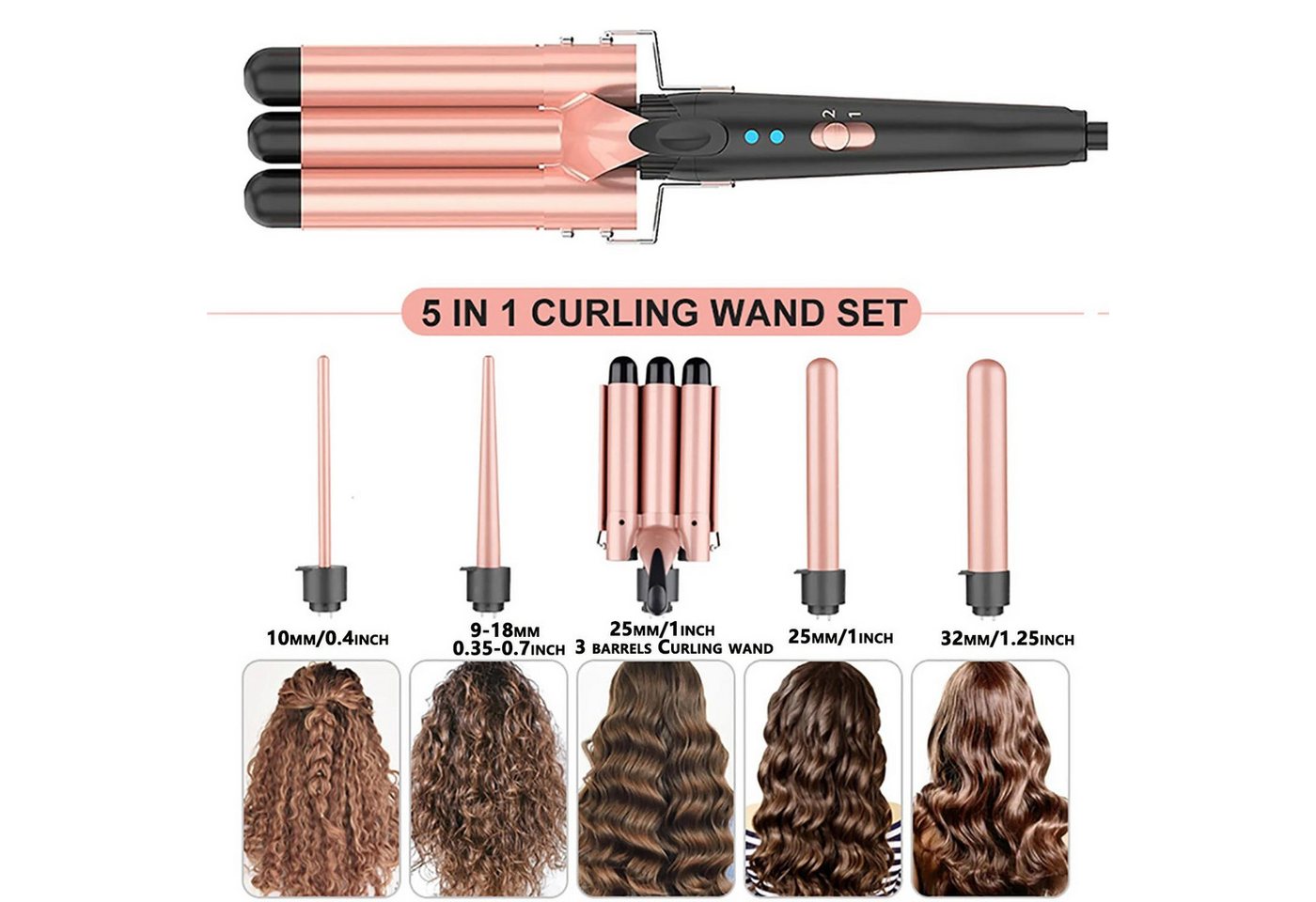 SeeCherish Lockenstab 5‑in‑1 Lockenstab‑Set mit wechselbaren Aufsätzen, Schnell aufheizender Haarstyler mit 3‑Ton‑Wellenwickler Bild 3