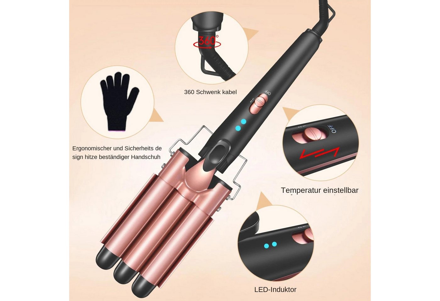 SeeCherish Lockenstab 5‑in‑1 Lockenstab‑Set mit wechselbaren Aufsätzen, Schnell aufheizender Haarstyler mit 3‑Ton‑Wellenwickler Bild 4