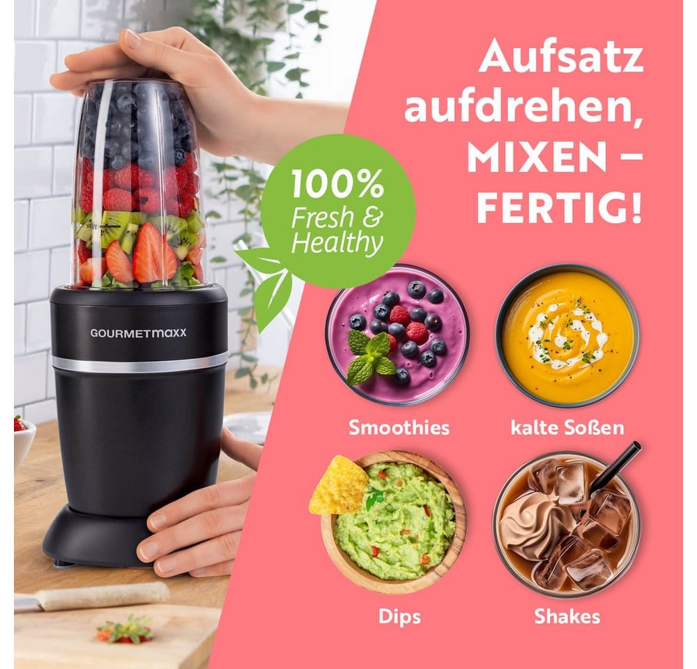 GOURMETmaxx Standmixer Mixer Becher 500ml 3-tlg. 1000W schwarz/Edelstahl, 1000 W, Shakes Smoothies Cocktails Dips Pesto pürieren zerkleinern mahlen