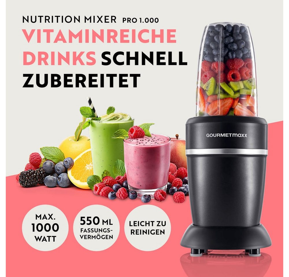 GOURMETmaxx Standmixer Mixer Becher 500ml 3-tlg. 1000W schwarz/Edelstahl, 1000 W, Shakes Smoothies Cocktails Dips Pesto pürieren zerkleinern mahlen Bild 2