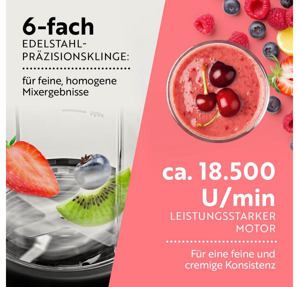 GOURMETmaxx Standmixer Mixer Becher 500ml 3-tlg. 1000W schwarz/Edelstahl, 1000 W, Shakes Smoothies Cocktails Dips Pesto pürieren zerkleinern mahlen Bild 3
