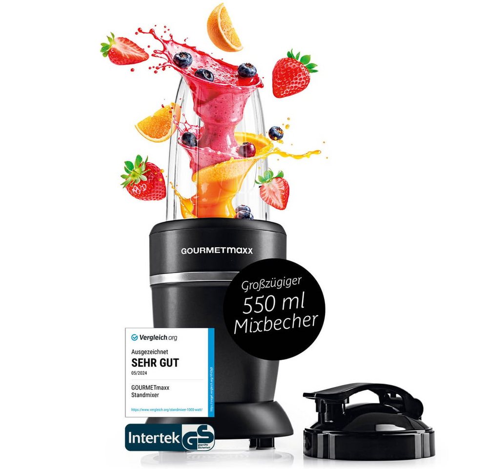 GOURMETmaxx Standmixer Mixer Becher 500ml 3-tlg. 1000W schwarz/Edelstahl, 1000 W, Shakes Smoothies Cocktails Dips Pesto pürieren zerkleinern mahlen Bild 5