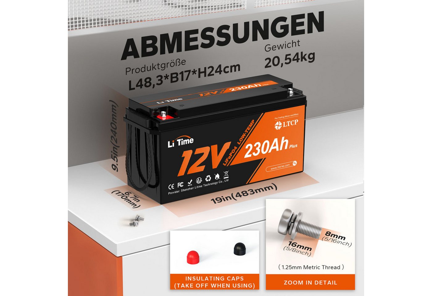 LiTime 12V 230Ah LiFePO4 Batterie Low-Temp-Schutz Wohnmobil Boot Versorgung Solarakkus (12 V), Zyklenfeste und erweiterbare Versorgungsbatterie für Camping, Schiff Bild 4