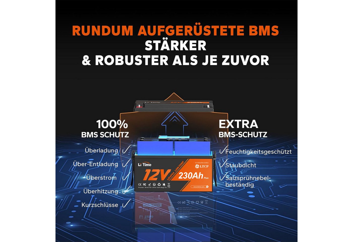 LiTime 12V 230Ah LiFePO4 Batterie Low-Temp-Schutz Wohnmobil Boot Versorgung Solarakkus (12 V), Zyklenfeste und erweiterbare Versorgungsbatterie für Camping, Schiff Bild 5