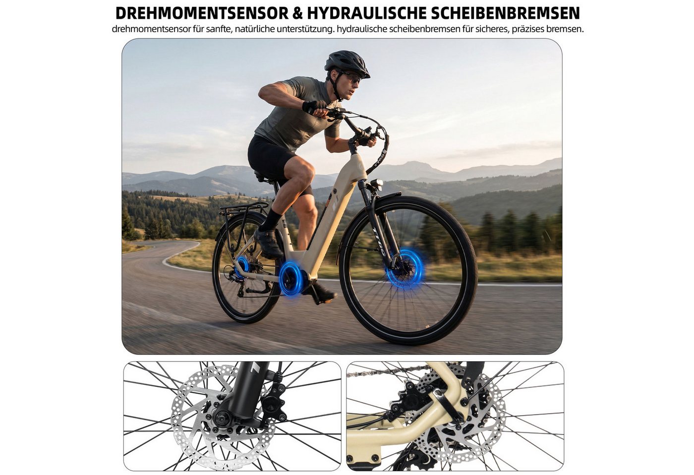 TTGO E-Bike Cityrad 28 Zoll, 75Nm Mittelmotor, Drehmomentsensor, 140km, Lockout-Federgabel, 9 Gang Shimano, Kettenschaltung, Mittelmotor, 648 Wh, Tiefeinstieg, hydr. Bremsen, Elektrofahrrad für Damen und Herren Bild 2