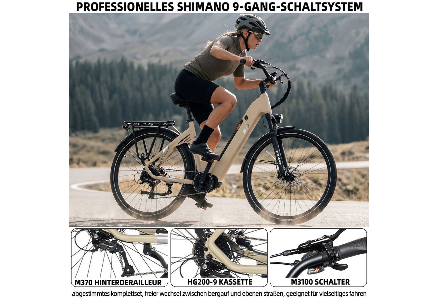 TTGO E-Bike Cityrad 28 Zoll, 75Nm Mittelmotor, Drehmomentsensor, 140km, Lockout-Federgabel, 9 Gang Shimano, Kettenschaltung, Mittelmotor, 648 Wh, Tiefeinstieg, hydr. Bremsen, Elektrofahrrad für Damen und Herren Bild 5