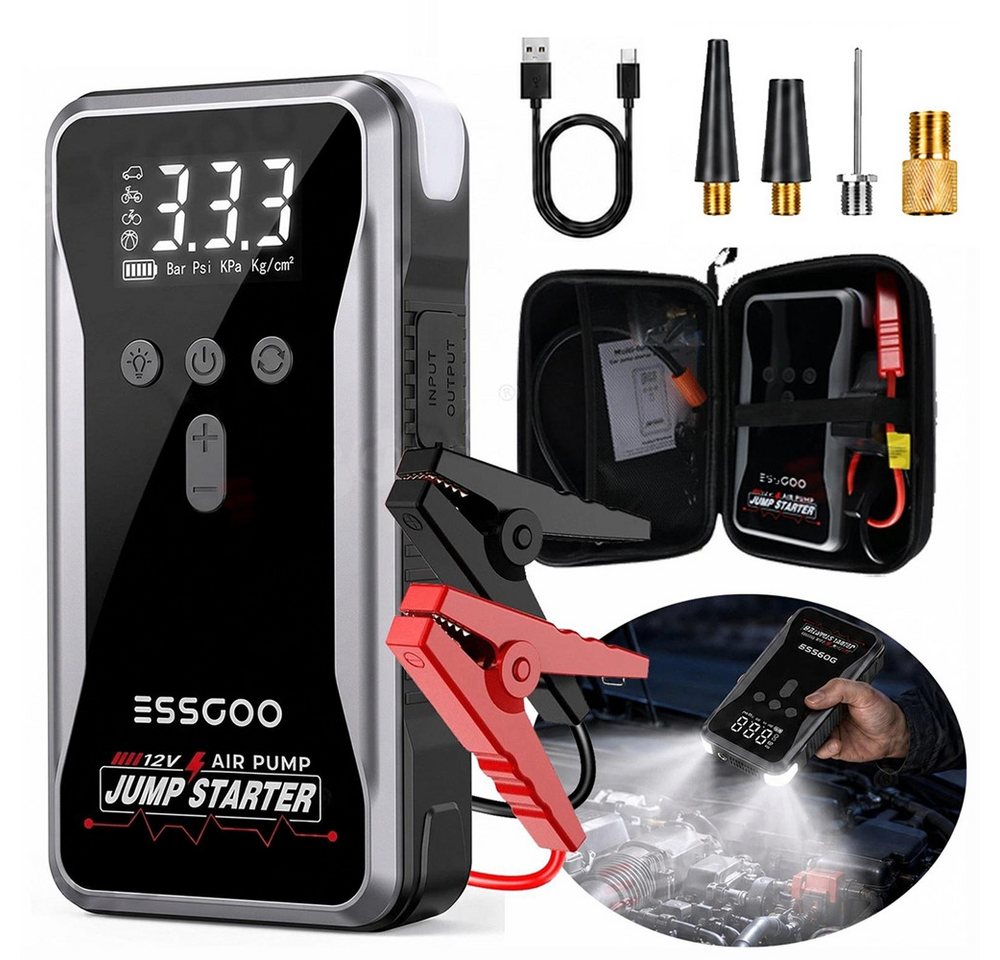 ESSGOO 5000A 12V 4-in-1 Auto Starthilfe Powerbank 150PSI Kompressor Autobatterie-Ladegerät (18000 mAh, LED-Leuchte, 9,0L Benzin Oder 8,0L Diesel, -20°C bis 60°C)
