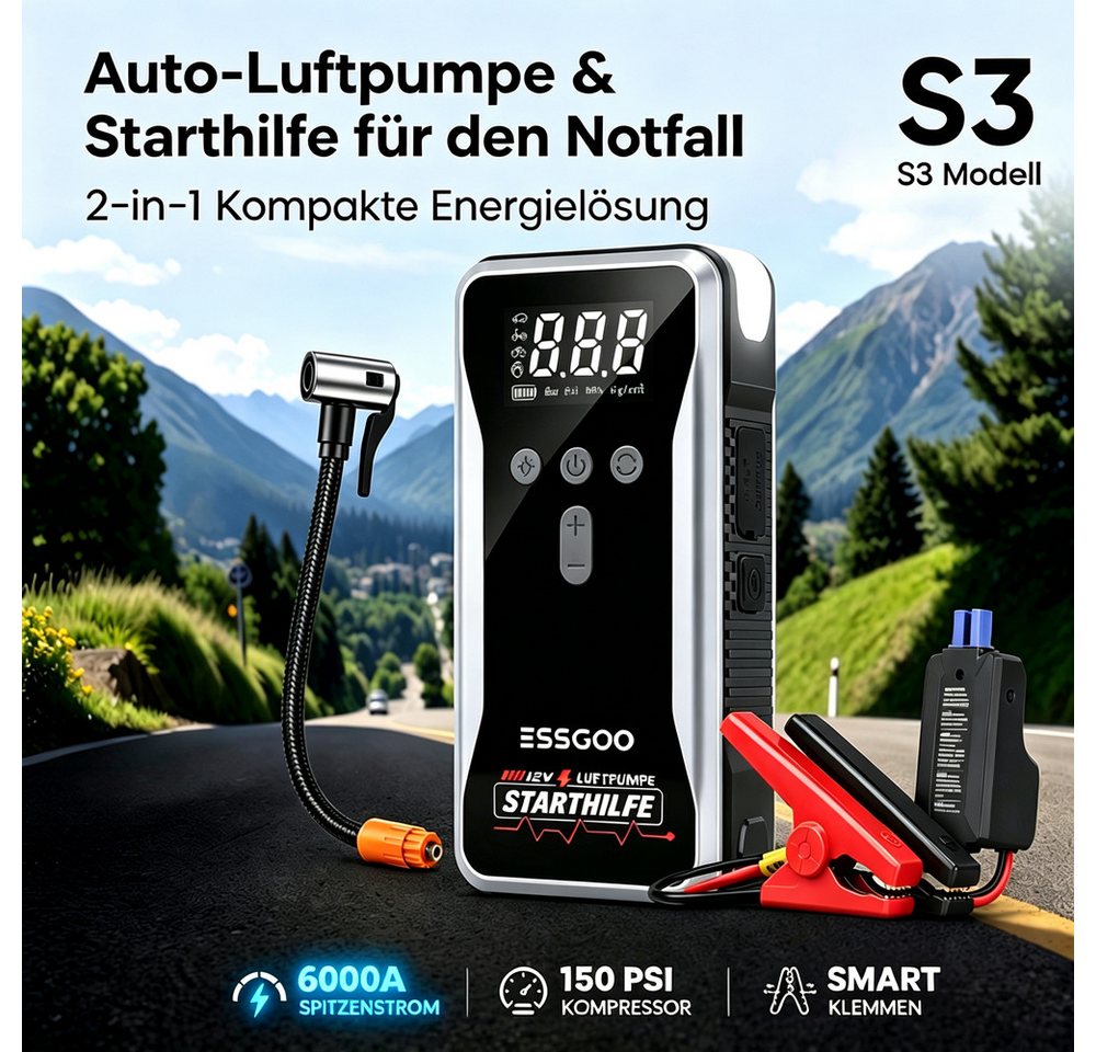 ESSGOO 5000A 12V 4-in-1 Auto Starthilfe Powerbank 150PSI Kompressor Autobatterie-Ladegerät (18000 mAh, LED-Leuchte, 9,0L Benzin Oder 8,0L Diesel, -20°C bis 60°C) Bild 5