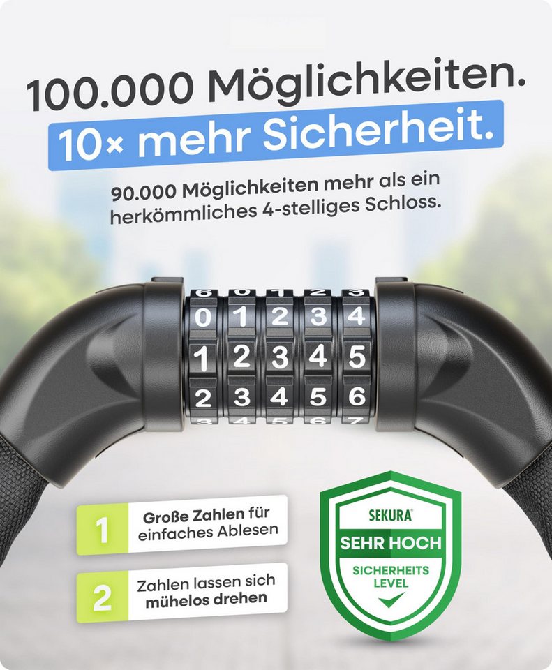 Kityhome Zahlenkettenschloss Fahrradschloss mit 5er Zahlencode Zahlenschloss 0,9m gehärteter, Zahlenkettenschloss Ideal für Fahrräder, E-Bikes & E-Scooter