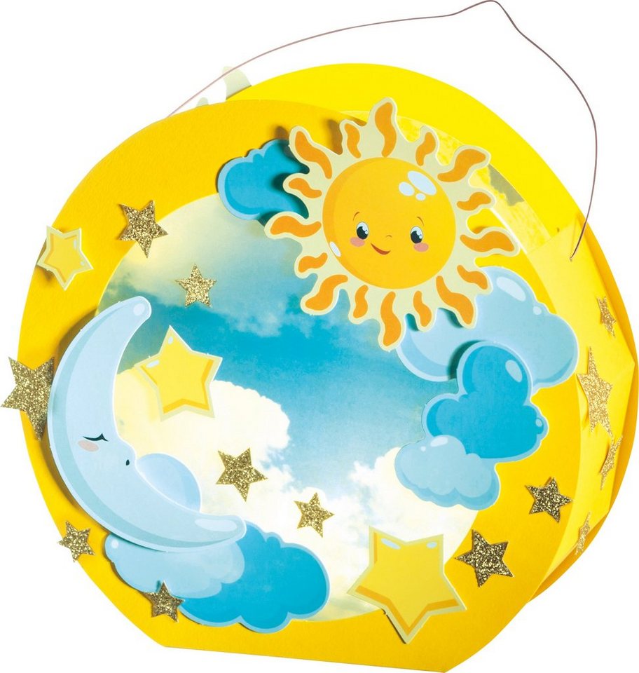 Folia Umzugslaterne Sonne, Mond und Sterne, mit LED-Beleuchtung, 17,5 cm