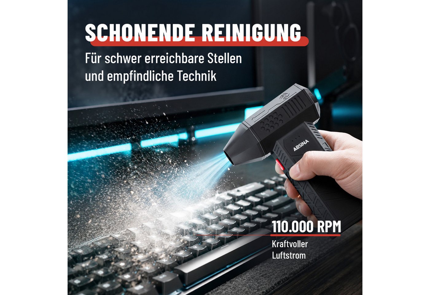 ABSINA Akku-Handstaubsauger Druckluft Staubgebläse 110.000 U/min - Air Duster mit 4 Düsen Bild 2