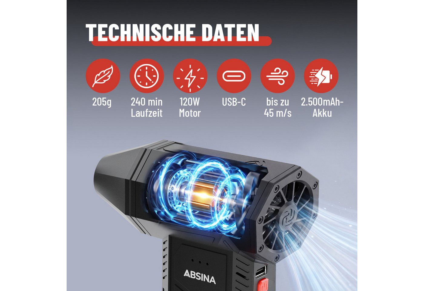 ABSINA Akku-Handstaubsauger Druckluft Staubgebläse 110.000 U/min - Air Duster mit 4 Düsen Bild 5