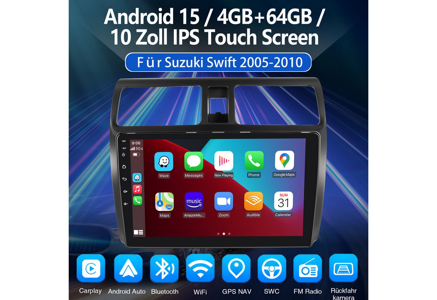 ESSGOO Autoradio DAB+ 64G Android 15 CarPlay GPS Für Suzuki Swift III 2005-10 Autoradio (RDS, 4+64GB(optional), FM, GPS, 1280*720, DAB+ (optional), WIFI, Apple Carplay & Android Auto,WiFi,Doppel DIN,USB) Bild 3