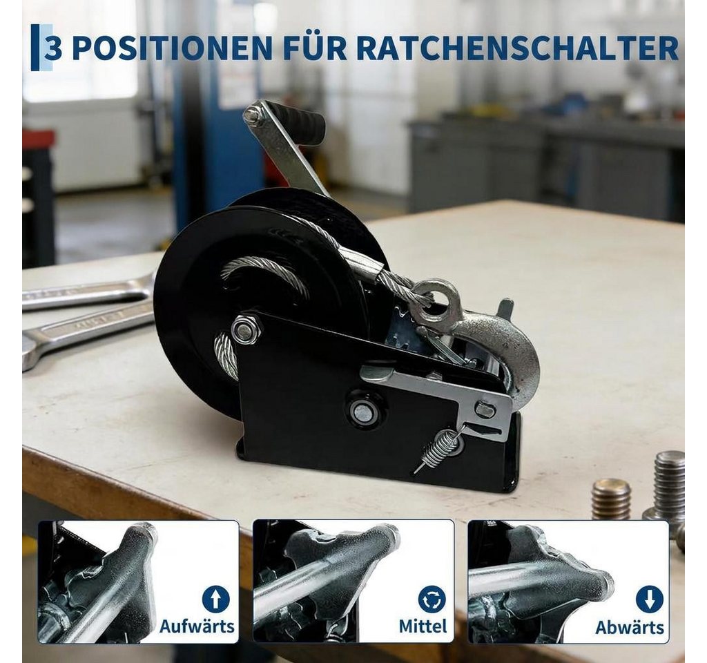 GarveeMore Anhänger Hand‑Seilwinde ca.1450 kg Zugkraft, 8:1‑Getriebe, Handwinde ATV, 10 m verzinktes Stahlseil für Offroad, ATV und Bootstrailer