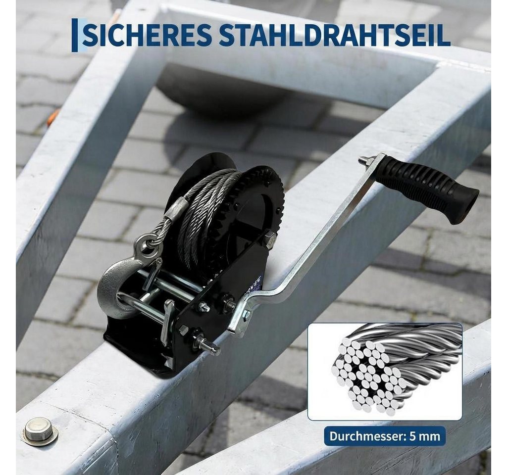 GarveeMore Anhänger Hand‑Seilwinde ca.1450 kg Zugkraft, 8:1‑Getriebe, Handwinde ATV, 10 m verzinktes Stahlseil für Offroad, ATV und Bootstrailer Bild 3