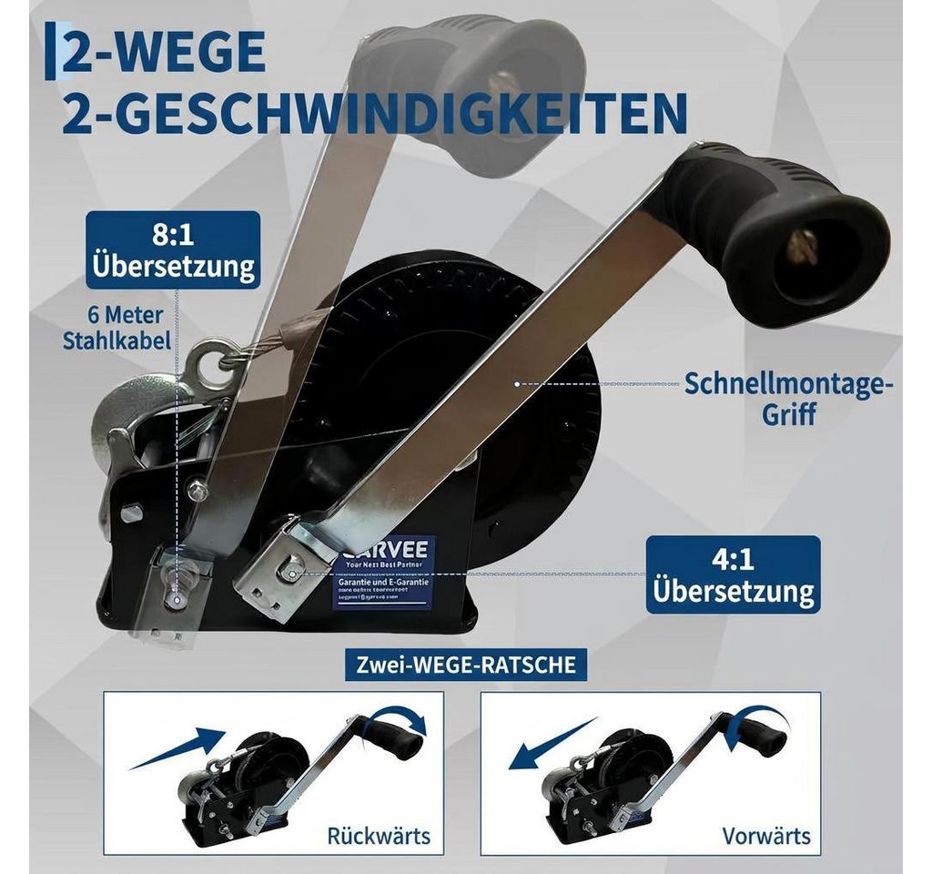GarveeMore Anhänger Hand‑Seilwinde ca.1450 kg Zugkraft, 8:1‑Getriebe, Handwinde ATV, 10 m verzinktes Stahlseil für Offroad, ATV und Bootstrailer Bild 4