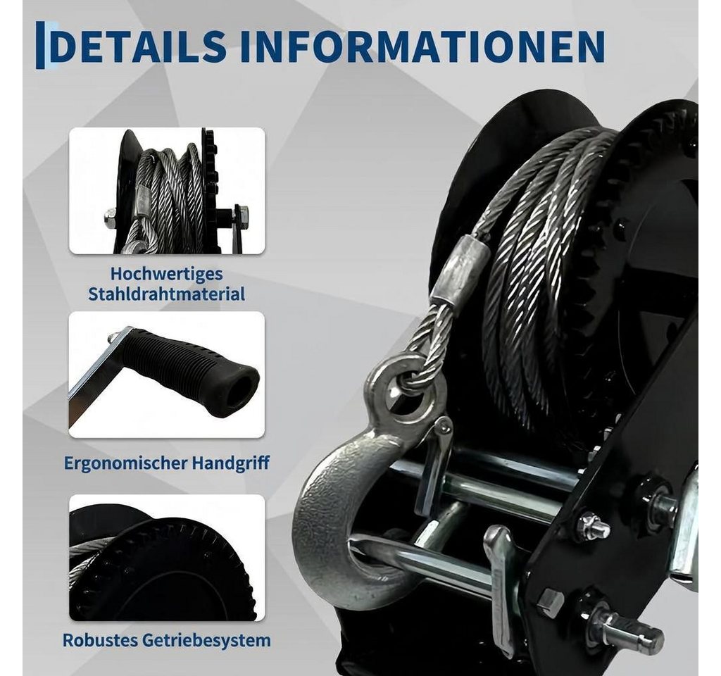 GarveeMore Anhänger Hand‑Seilwinde ca.1450 kg Zugkraft, 8:1‑Getriebe, Handwinde ATV, 10 m verzinktes Stahlseil für Offroad, ATV und Bootstrailer Bild 5