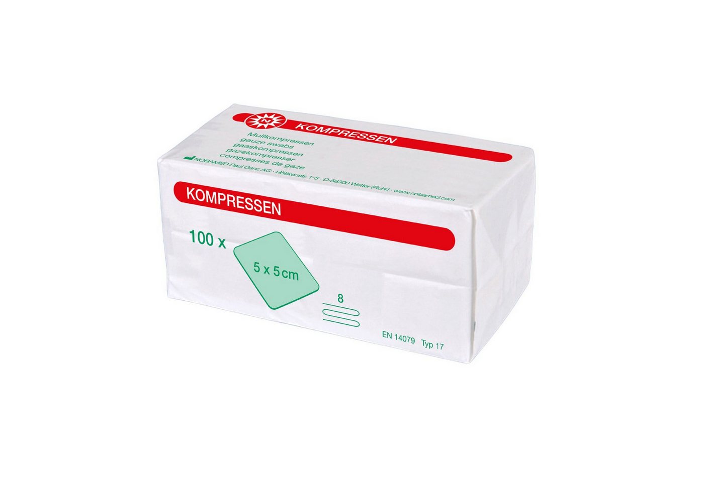 Nobamed Erste-Hilfe-Set Mullkompressen 8-fach, unsteril, Größe: 5x5 cm, PZN: 07099651, Lagen: 8-fach, Sterilität: unsteril