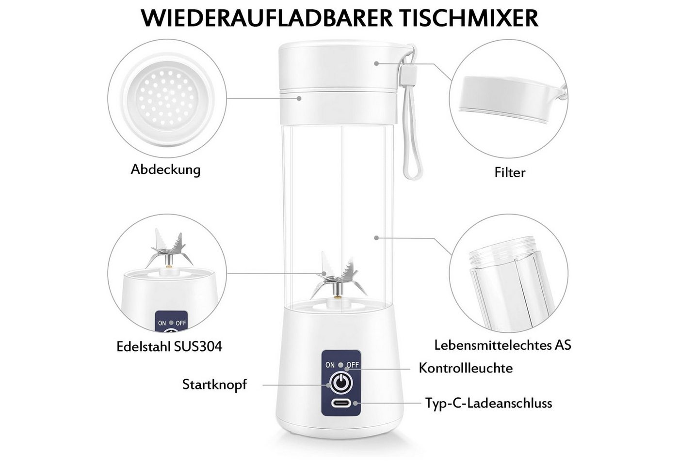 TUWENA Standmixer Tragbarer Mini-Mixer 380ml mit 6 Klingen aus Edelstahl Wiederaufladbar, für Smoothies und Shakes Reisen und Küche