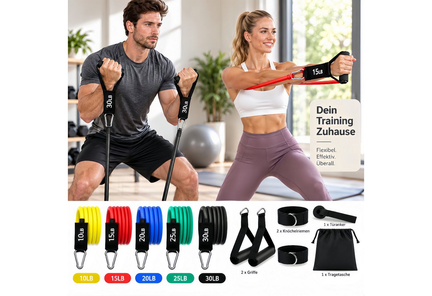 ibettertec Trainingsbänder Resistance Bands Widerstandsbänder Set, 5 Fitnessbänder Expander Tube, Bands Fitnessband mit Griff Knöchelriemen Türankerbefestigung