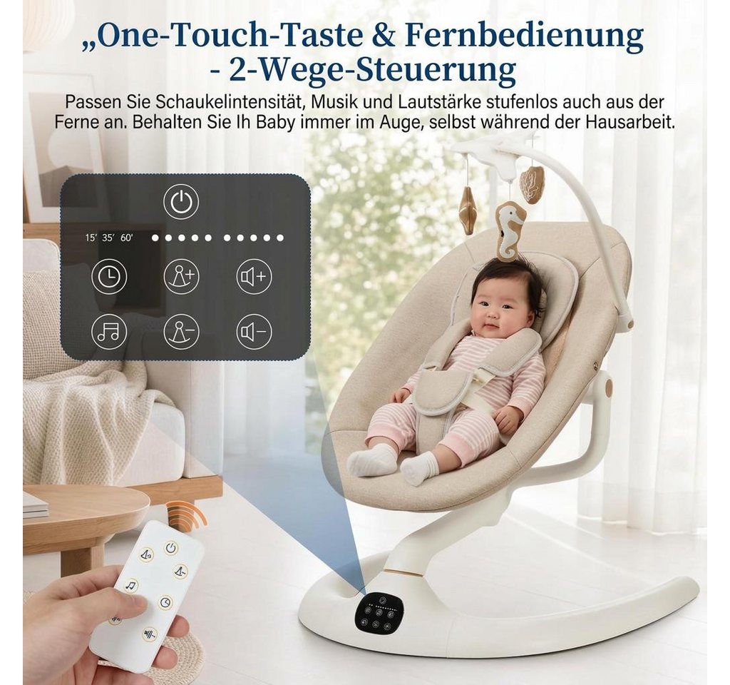 GarveeMore Babywippe Elektrische Babywippe mit Spielzeug, Babywippe mit Sicherheitsgurt, Bequeme Babyschaukel mit Hängespielzeug, Sicherheitsgurt Bild 2