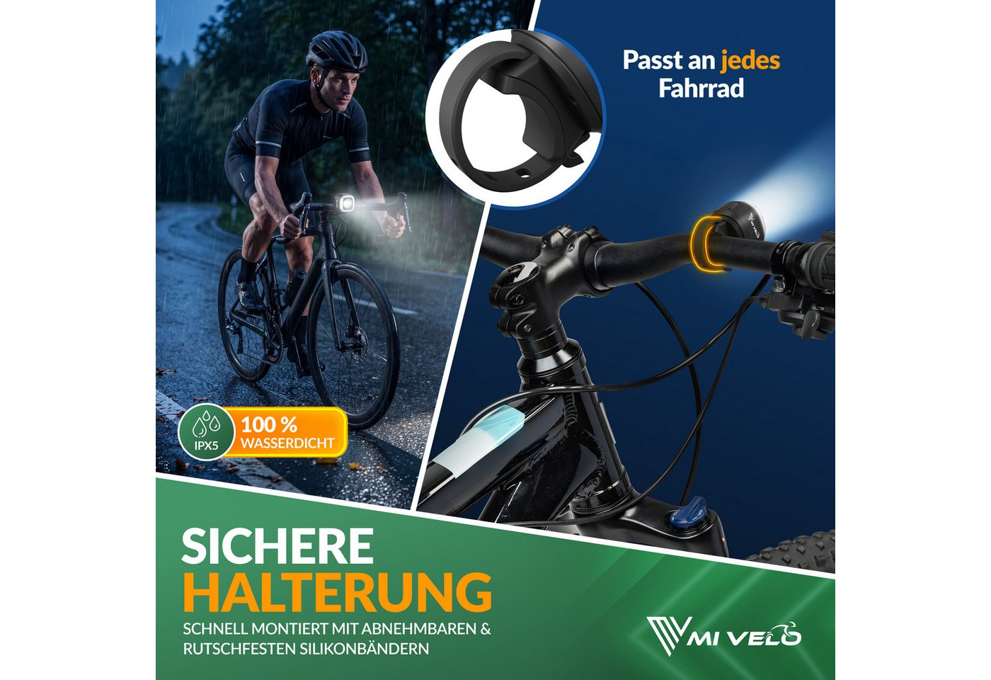 MIVELO Fahrradbeleuchtung ORBIS Fahrradlicht LED Set mit Akku, USB aufladbar wasserdicht, StVZO zugelassen, mit Bremsfunktion erhältlich