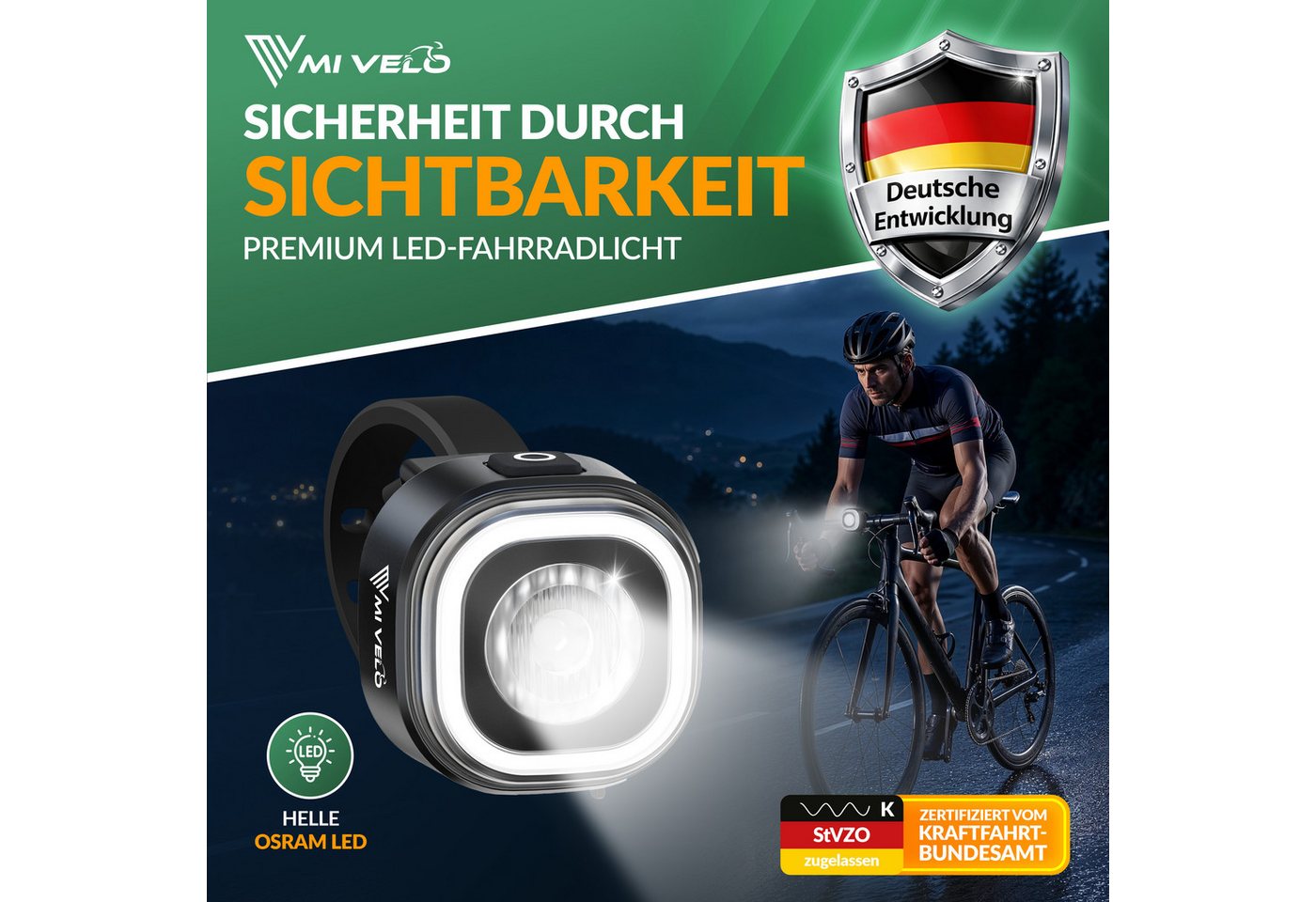 MIVELO Fahrradbeleuchtung ORBIS Fahrradlicht LED Set mit Akku, USB aufladbar wasserdicht, StVZO zugelassen, mit Bremsfunktion erhältlich Bild 4