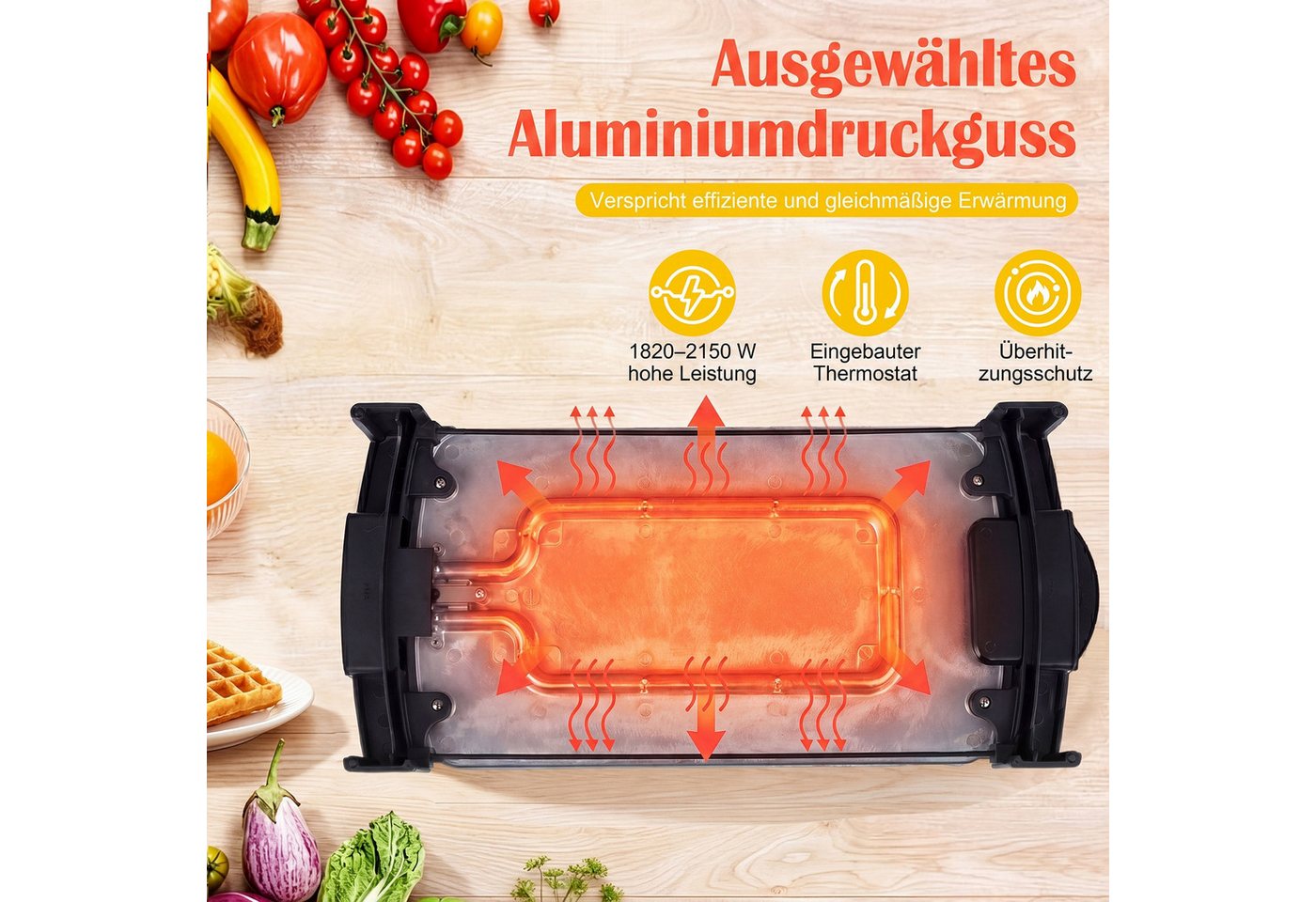 COSTWAY Elektrogrill, 2150 W, Tischgrill mit Doppelzone & Thermostat, 54x25cm Bild 3