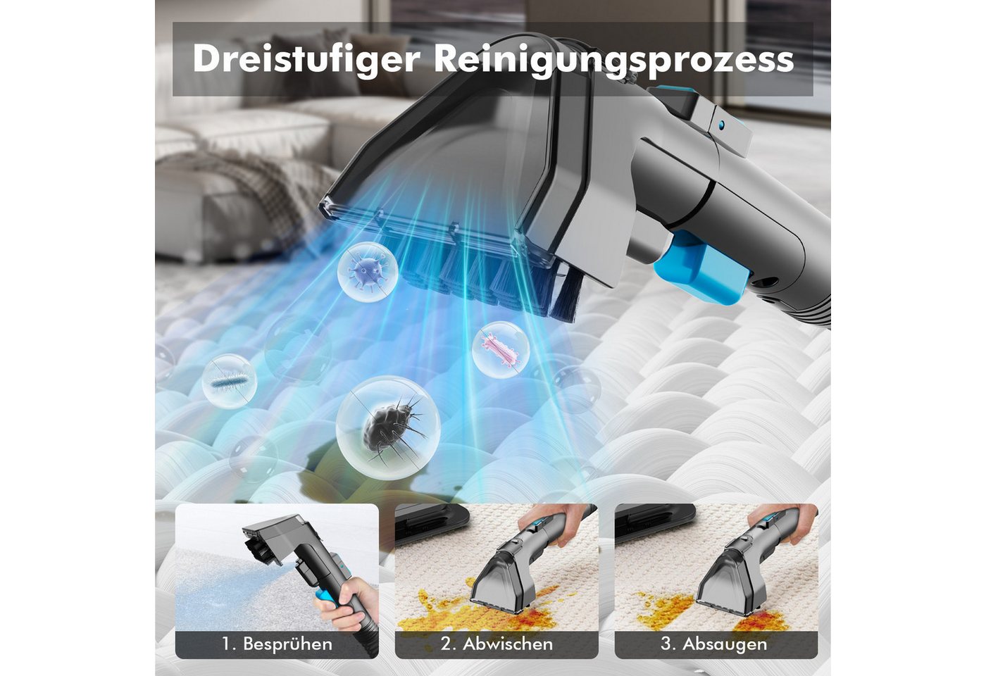 Vortisys Teppichreinigungsgerät 530W/18kPa Waschsauger für sofa und teppich, Blau, 530 W, mit Selbstreinigung, Upgrade Nasssauger Waschsauger mit langem Schlauch, großen Wassertanks und leichtem Design für Teppiche, Sofas und Autos Bild 2